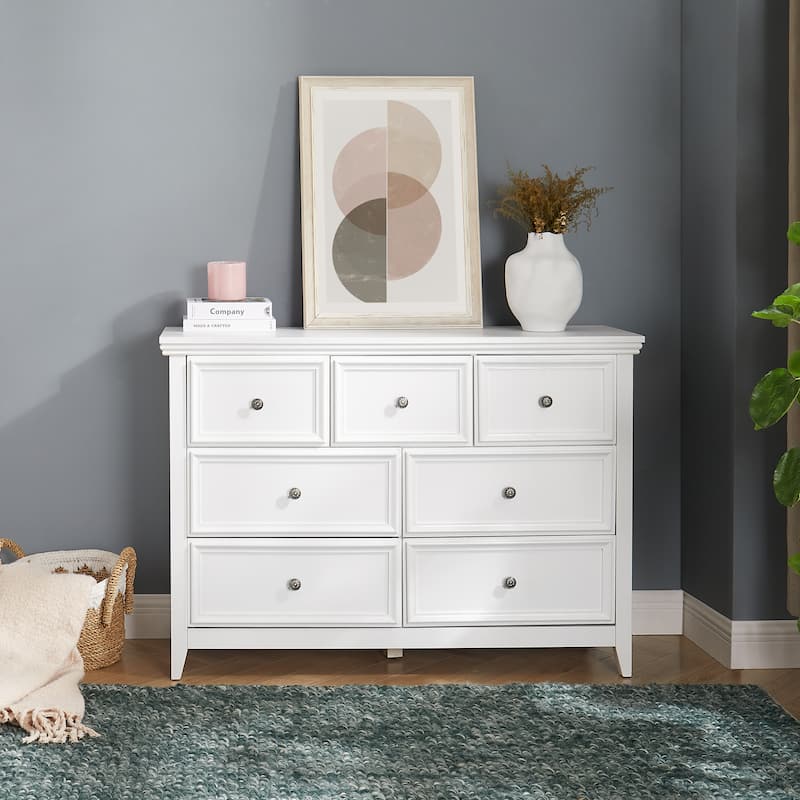 Farmhouse Modern 7-Drawer Horizontal Dresser, Cabinet, Storage Clothes, Storage Drawers Cabinet for Living Room - White