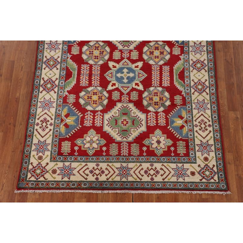 Red Geometric Kazak Rug Handmade Geometric Wool Carpet - 5'0" x 6'5"