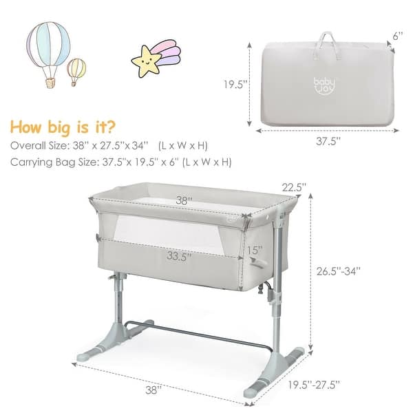 Travel Portable Baby Bed Side Sleeper Bassinet Crib with Carrying Bag - 38" x 19.5"-27.5" x 26.5"-34" (L x W x H)