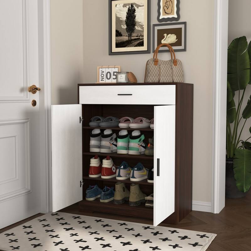 Modern 4-Tier Shoe Cabinet with Drawer & Adjustable Shelves, White Wooden Entryway Storage Organizer