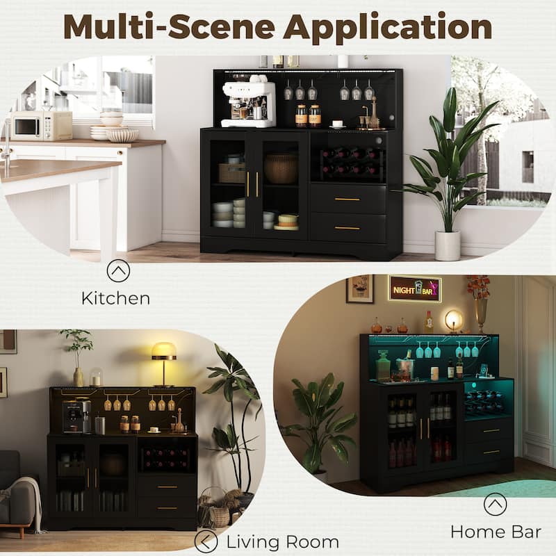 EROMMY Farmhouse Coffee Bar Cabinet with LED Lights, Sliding Barn Door, Wine Racks and Glass Holder, Home Liquor Cabinet