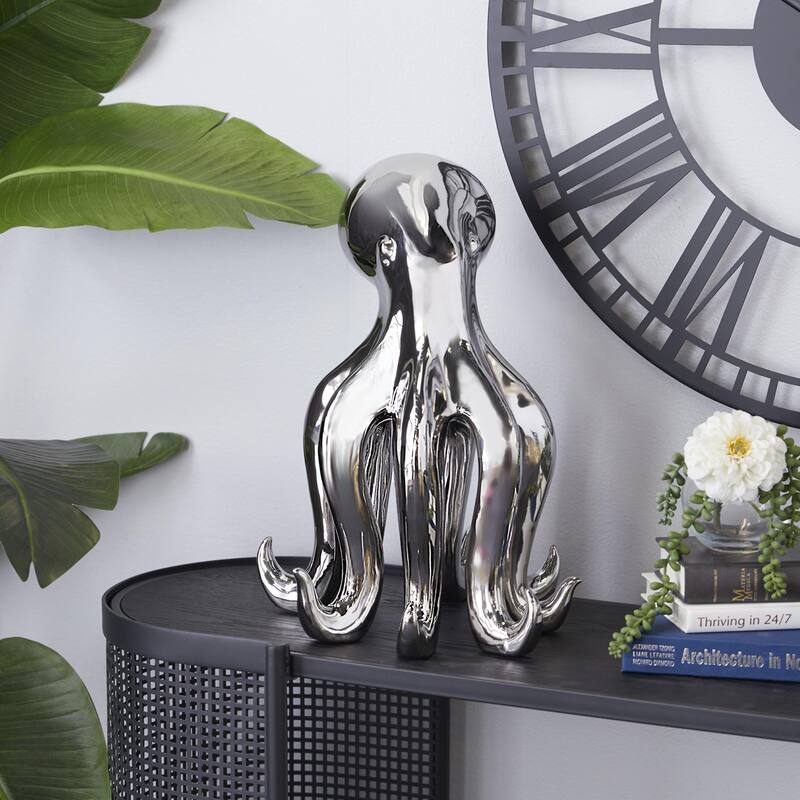 Silver Porcelain Ceramic Tall Octopus Decorative Sculpture with Long Tentacles - Silver