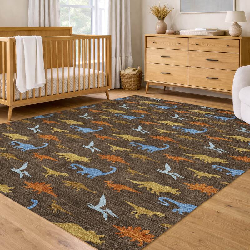 Machine Washable Indoor/ Outdoor Modern Dinosaur Chantille Rug