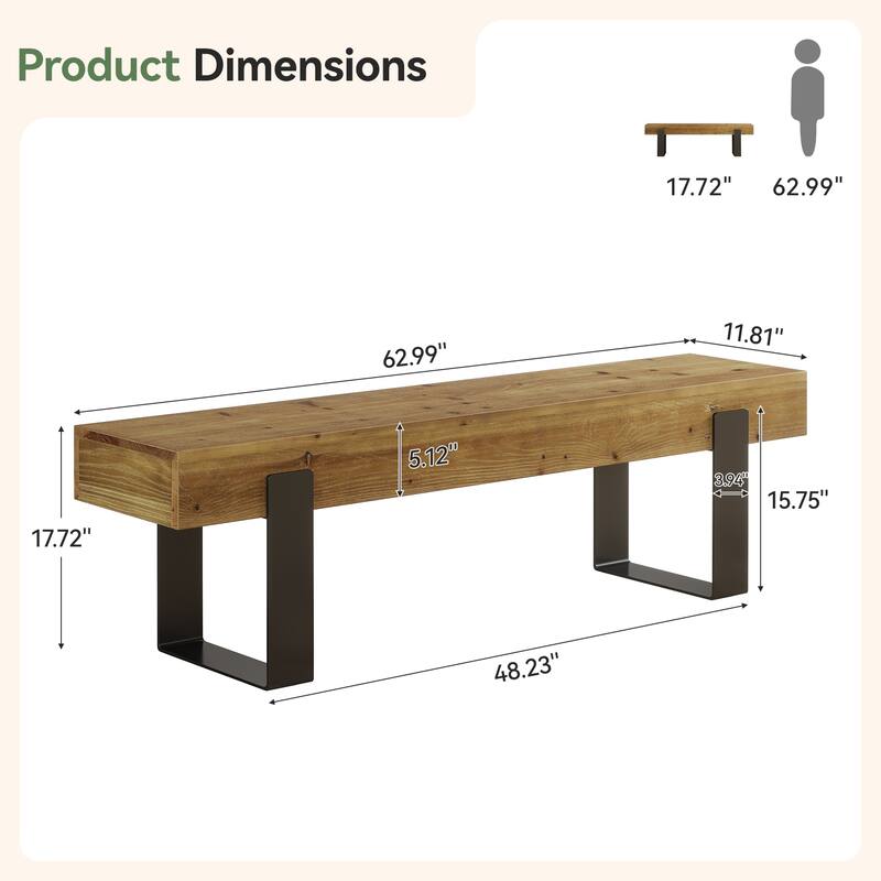 63" Solid Wood Bed Bench with Metal Legs, Farmhouse Multi-Use Bench - N/A