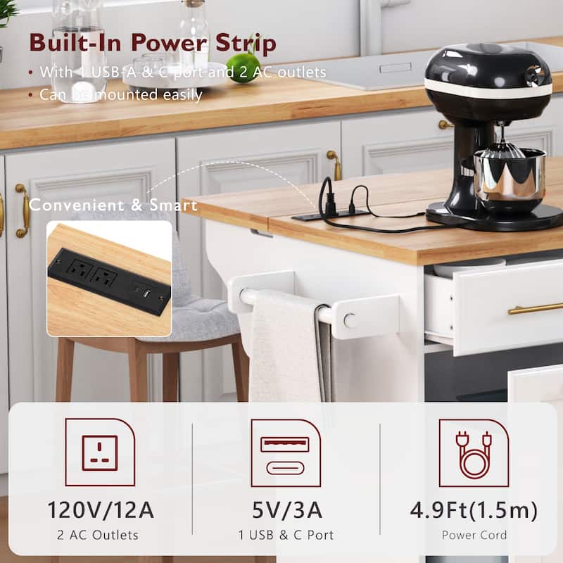 Rolling Kitchen Island Cart with 2 Pull Out Cabinet Organizers, Drop Leaf, Trash Can Storage, Power Outlet, Spice, Towel Rack