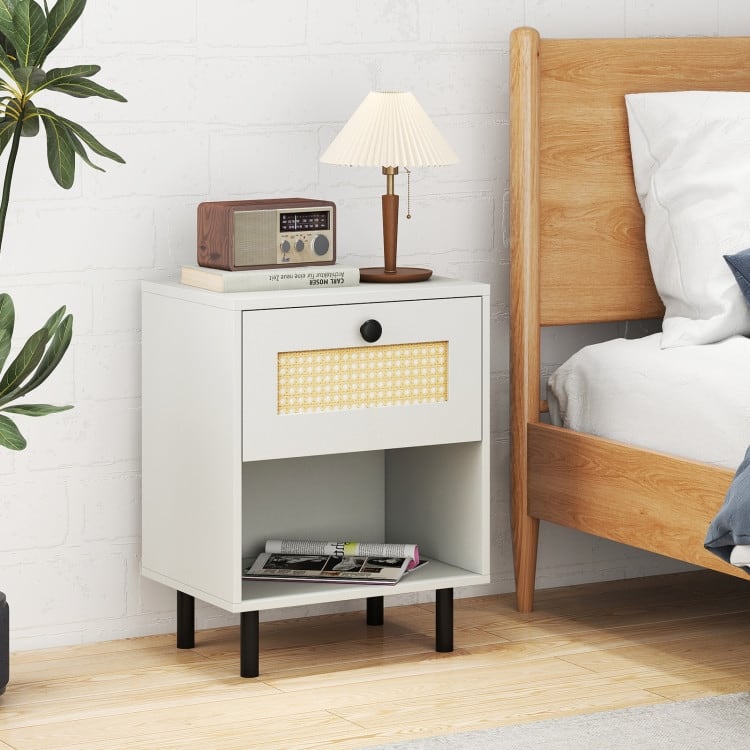Set of 2 Rattan Nightstand End Table with Rattan Drawer and Open Shelf