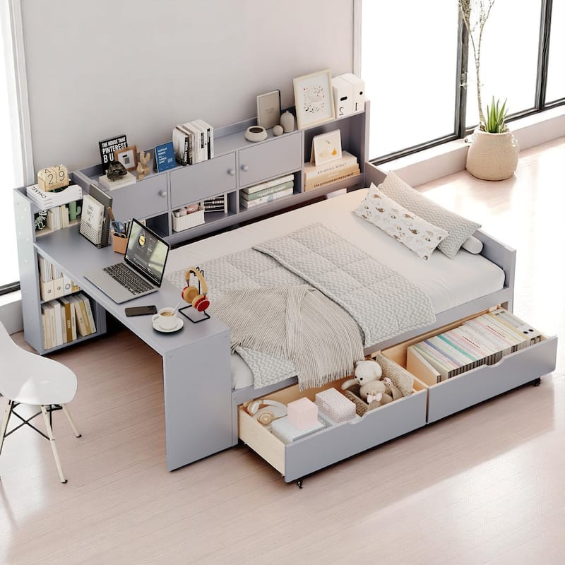 Space-Saving L-Shaped Daybed with Seven Storage Cabinets, Two Drawers, and Adjustable Study Desk
