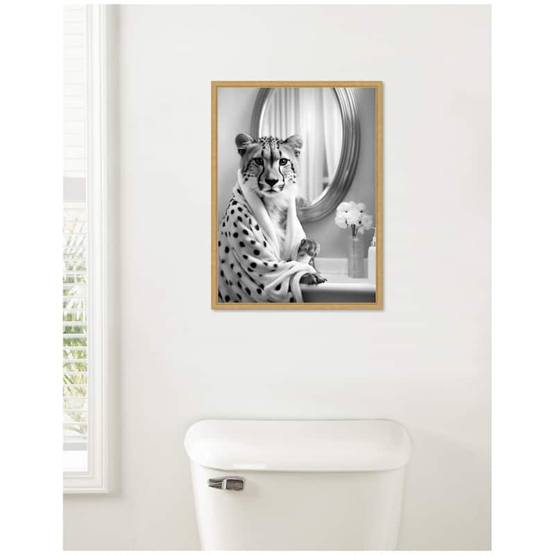 Kate and Laurel Sylvie Cheetah Glam Bathroom Towel Robe Black and White Framed Canvas by The Creative Bunch Studio