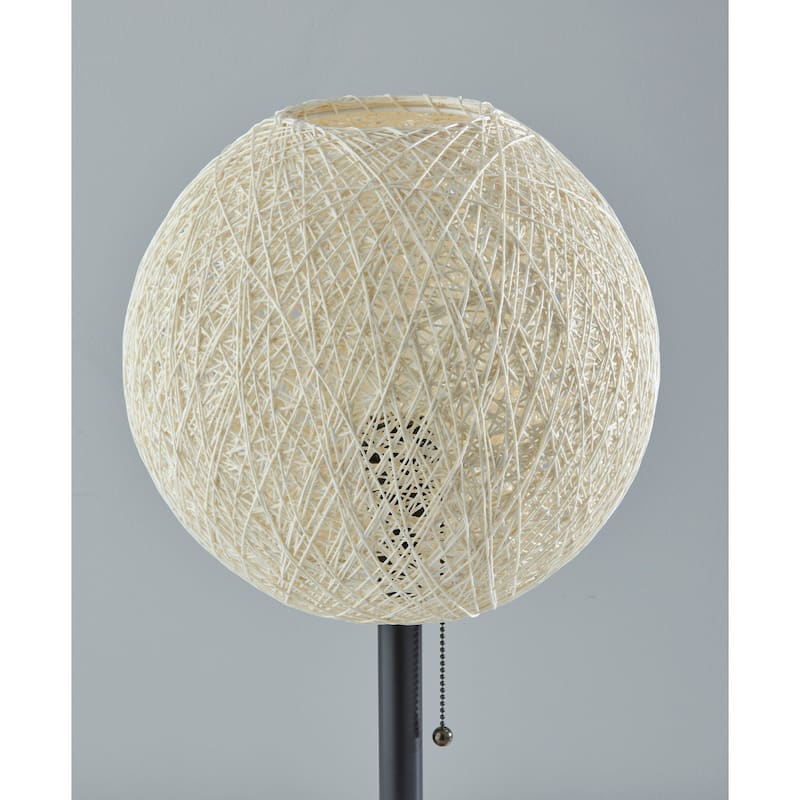 Antiqued Bronze Metal Table Lamp with Off White Rattan Globe Shade and Pull Chain Switch - 12” x 12” x 24” (D x W x H)