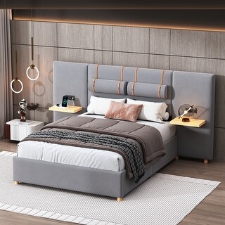 Full Size Platform Bed with 2 Outlets and USB Charging, Upholstered Bed with 2 Bedside Pillows, and Storage Shelves, Grey