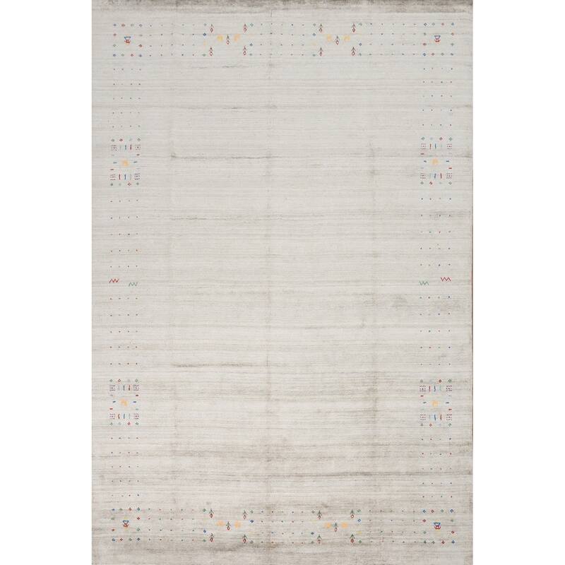 Hand Knotted Oriental Viscose Silk Carpet Tribal Animal Pictorial Beige & Ivories Gabbeh Area Rug - 11' 9'' X 8' 10''