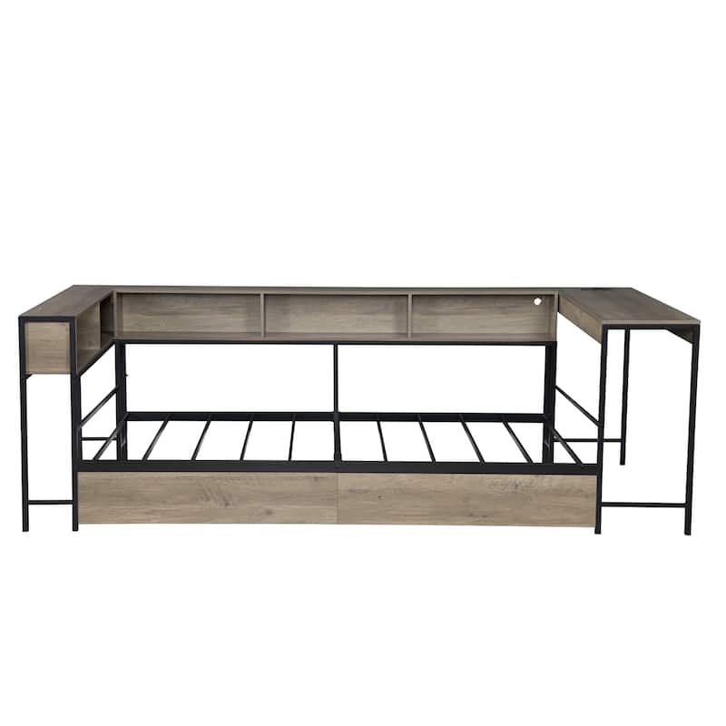 Corner Bed Frame Full Size with 2 Underbed Storage Drawers, LED Light & Charging Station