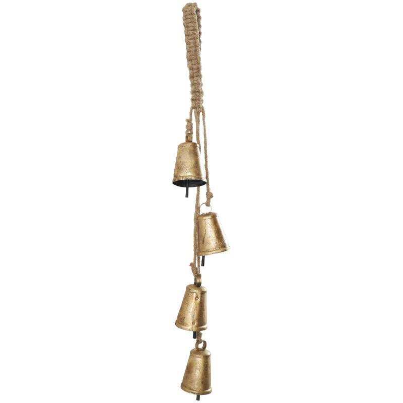 Metal Tibetan Inspired Indoor Outdoor Decorative Cow Bells with 4 Bells on Jute Hanging Rope - Gold - Roche River Decor