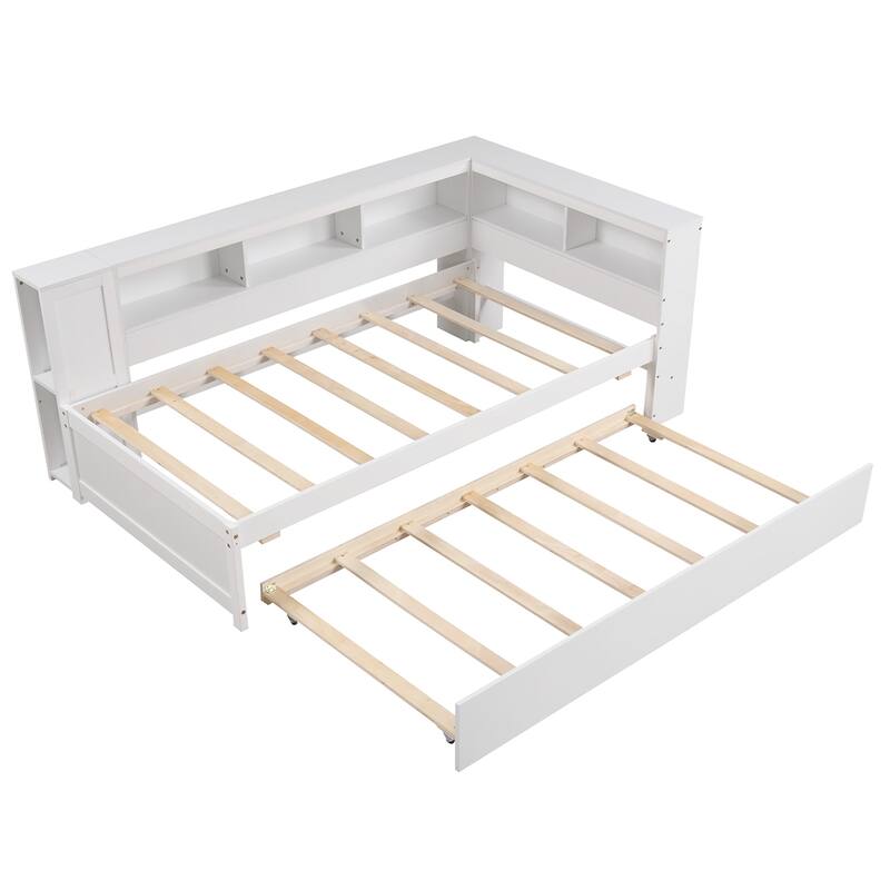 Gymax Twin Size Daybed w/ Trundle Bedside Shelves Reversible Bookcase