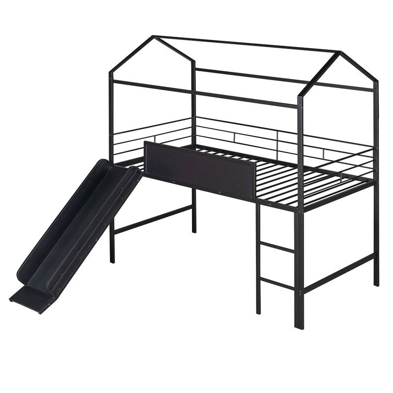 Metal House Bed with Slide, Metal Loft Bed with Two-sided Writable Wooden Board
