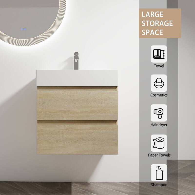 24/30/36 Single Sink Wall-Mounted Bathroom Vanity with Integrated Thick Edge Resin Sink