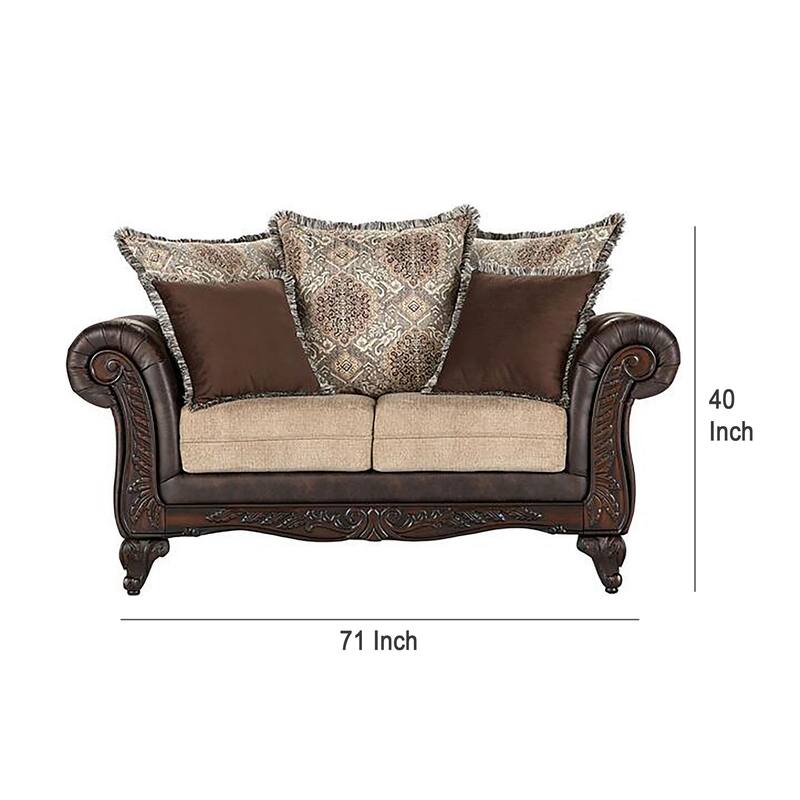 Miva Loveseat w Pillows, Classic Rolled Arms, Brown Faux Leather