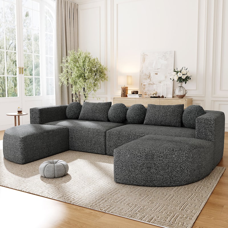 Curved Modular Sectional Boneless Upholstered Sofa Convertible Sleeper Sofa Bed, Free Combination, Boucle Deep Seating Sofa
