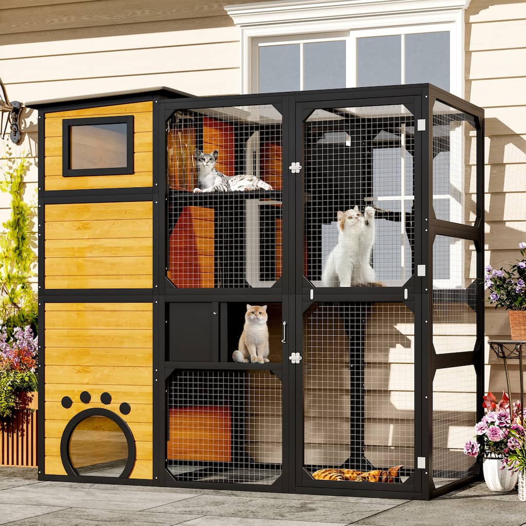 Roomfitters Large Outdoor Cat Catio Enclosure Weatherproof Attached to Window Multi-Tier Cat House Brown