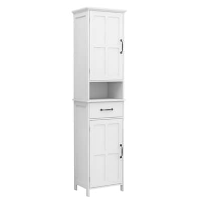 65 Inch Tall Standing Cabinet with 1 Open Shelf, Black Metal Handles, White