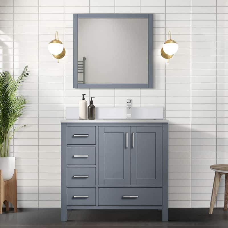 Jacques 36 in. W x 22 in. D Right Offset Dark Grey Bath Vanity, White Quartz Top, and 34 in. Mirror - Grey - Chrome Finish - Single Vanities