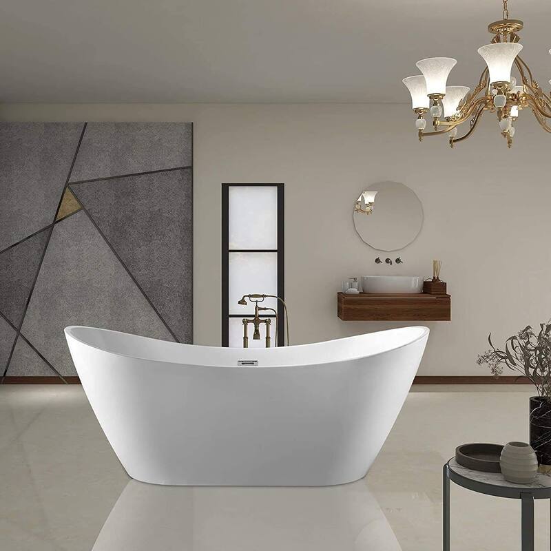 Vanity Art 71-Inch Freestanding Acrylic Bathtub Stand Alone Soaking Tub with Polished Chrome Slotted Overflow & Pop-up Drain
