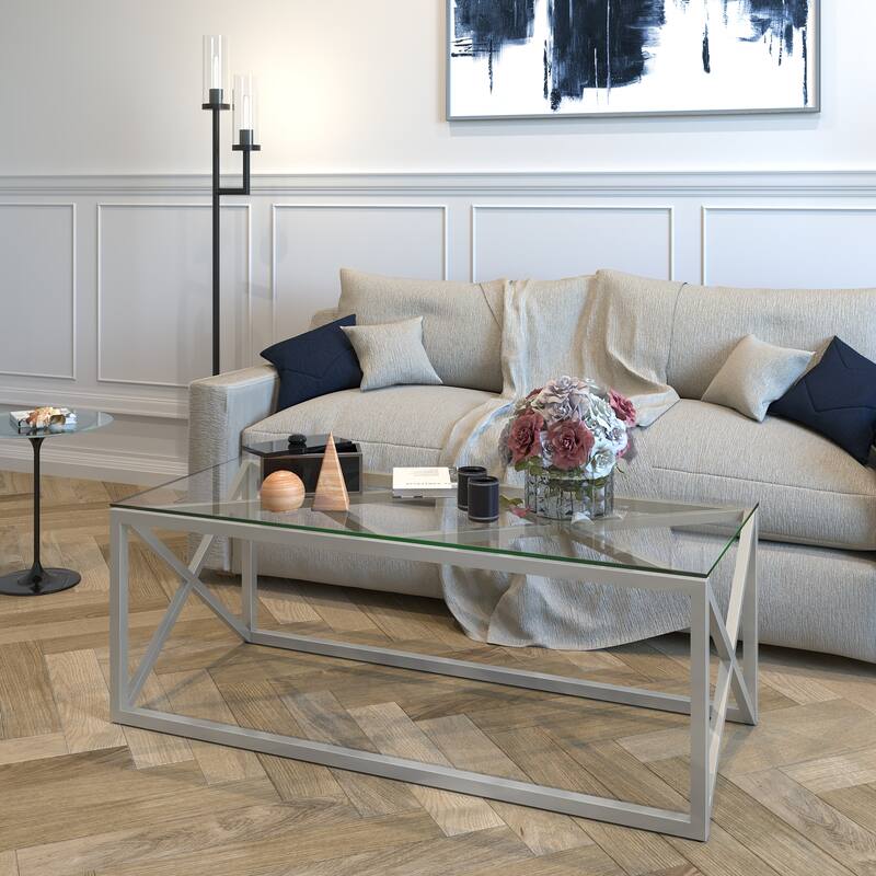 Dixon Geometric X-Base Metal & Glass Coffee Table (Optional Finishes)
