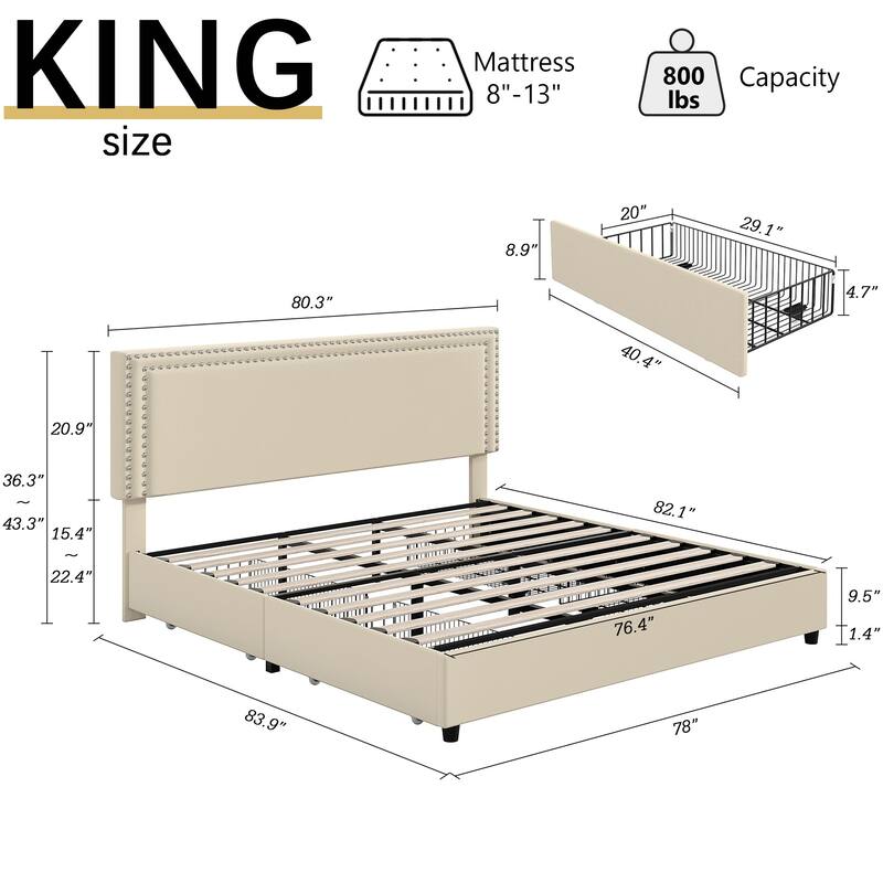 Modern Upholstered Bed Frame with 4 Storage Drawers, Platform Fabric Bed with Button Tufted Headboard