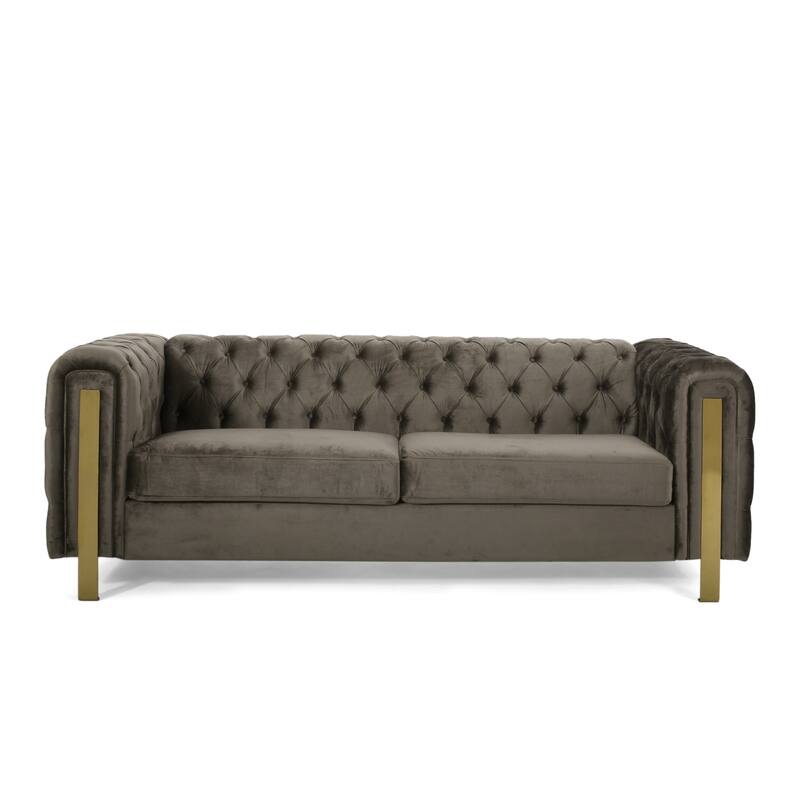 Modern 83.75" Velvet Button Tufted 3-seater Sofa with Iron Legs for Living Room