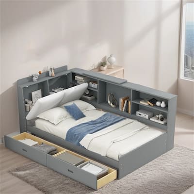 Wood Twin Size platform bed w/Storage Headboard,Shelves and 2 Drawers