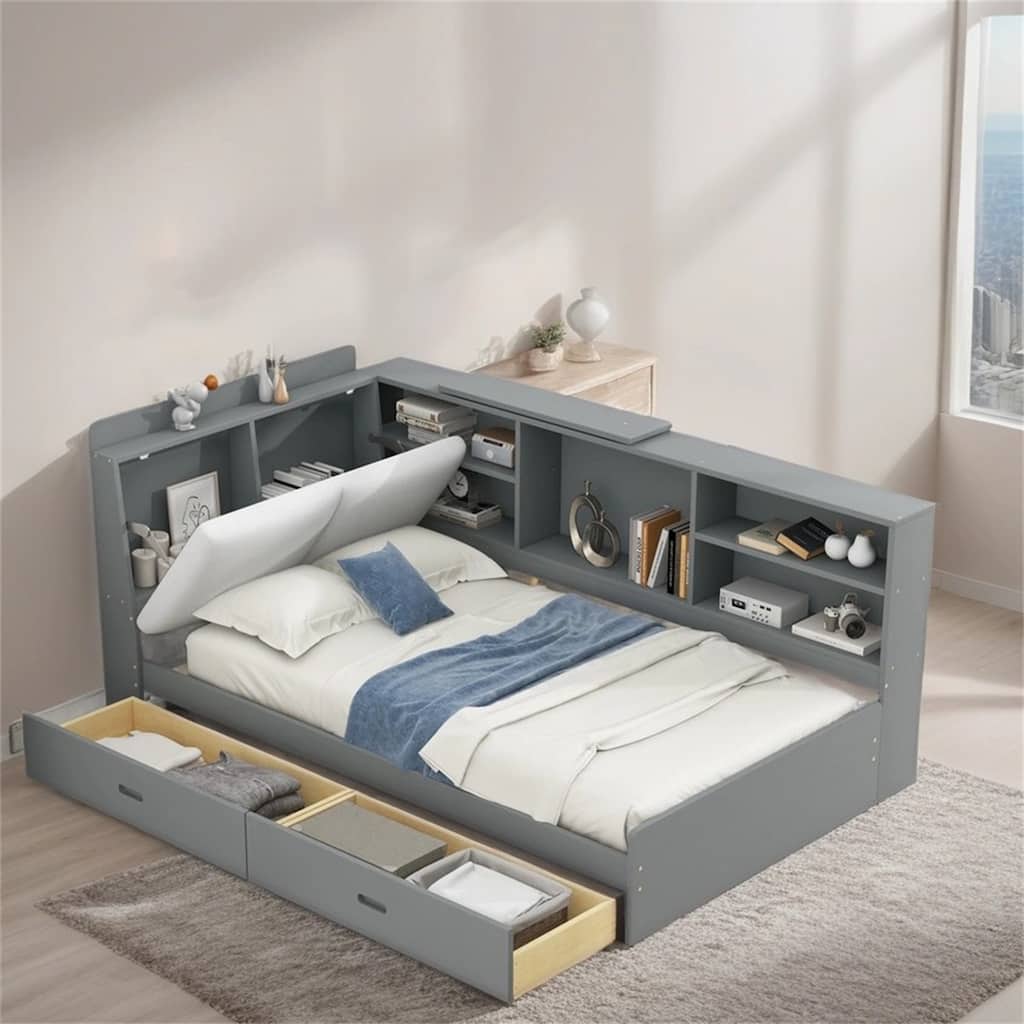 Wood Twin Size platform bed w/Storage Headboard,Shelves and 2 Drawers
