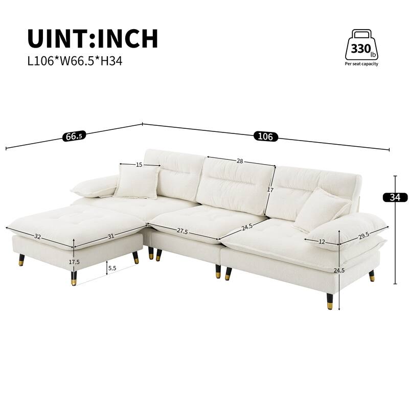 106" L-Shaped 4-Seat Convertible Sofa with Adjustable Legs and Ottoman