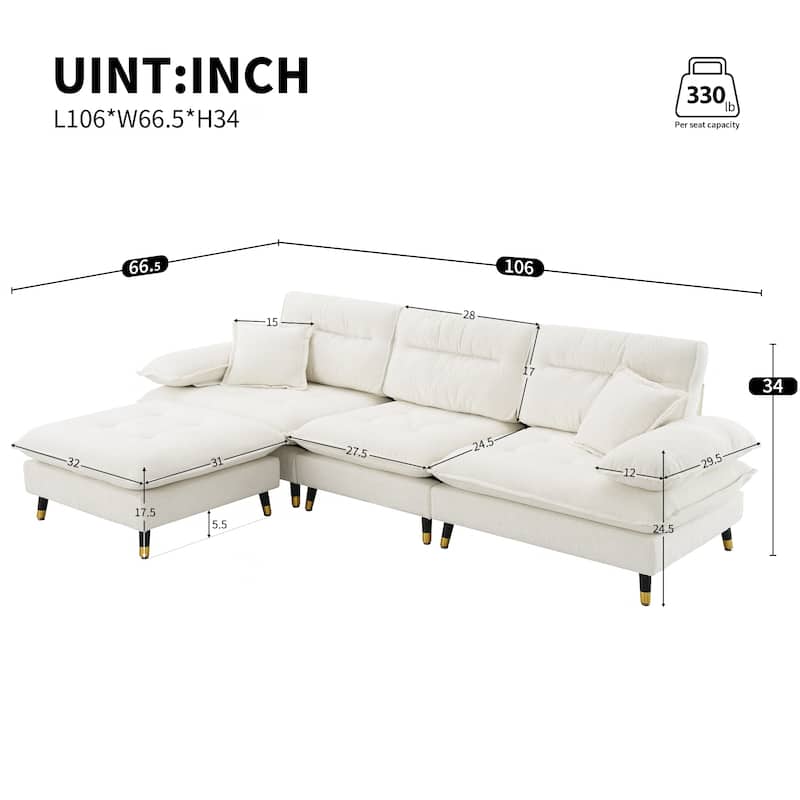 White 106'' L-Shaped 4 Seater Convertible Sectional Sofa with Adjustable Two-Tone Legs, Movable Ottoman