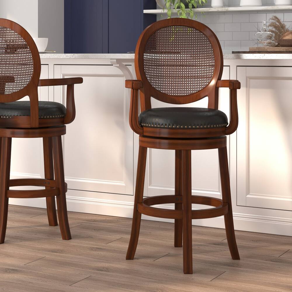 30" High Expresso Barstool with Arms, Woven Rattan Back & LeatherSoft Seat - 22.75"W x 23.5"D x 48.25"H