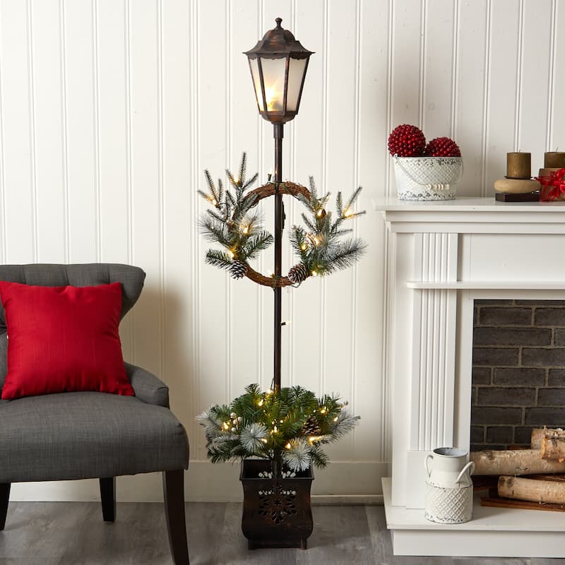 5' Holiday Pre-lit Decorated Lamp Post with Christmas Greenery - Green - 60