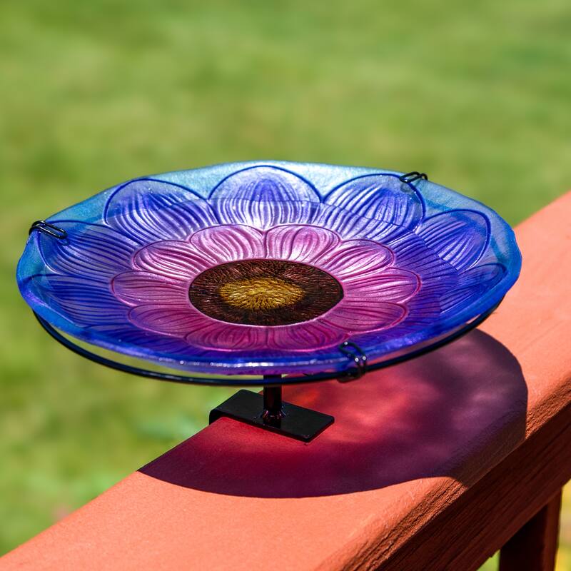 Deck-Mounted Glass Bird Bath with Stake