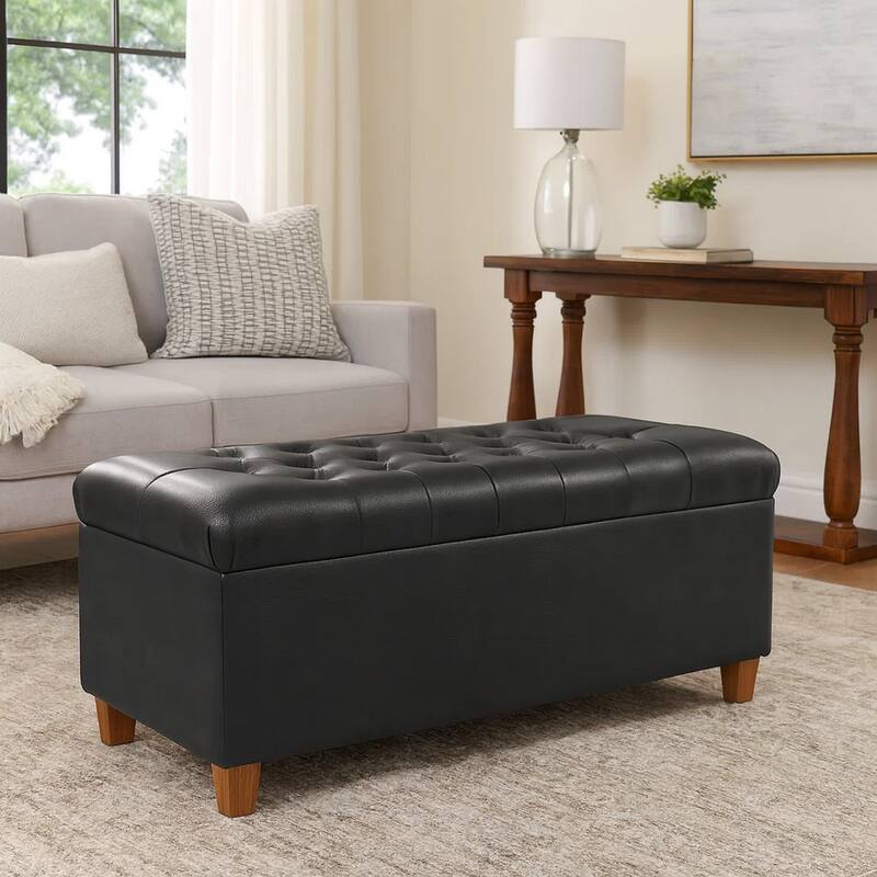 Bea Storage Ottoman Bench with Tufted Black Faux Leather, 40 Inch