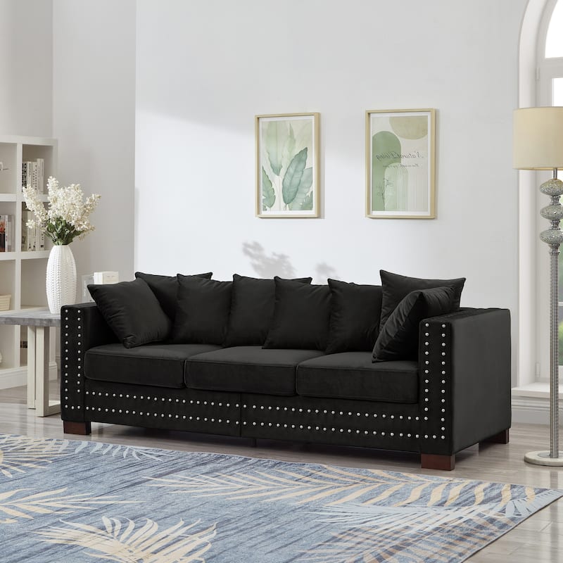 Roomfitters Modern Velvet Sofa with Square Armrests, Upholstered Couch with Silver Nailhead Trim for Living Room