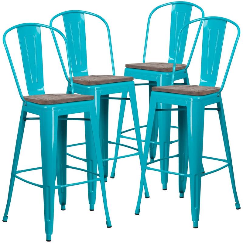 4 Pk. 30" High Metal Barstool with Back and Wood Seat - 18"W x 19"D x 46"H - 18"W x 19"D x 46"H