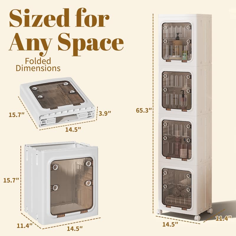 VECELO White 3-Tier & 4-Tier Narrow Storage Bins Foldable Stackable ABS Organizer Bins with Wheels for Bathroom Living Room