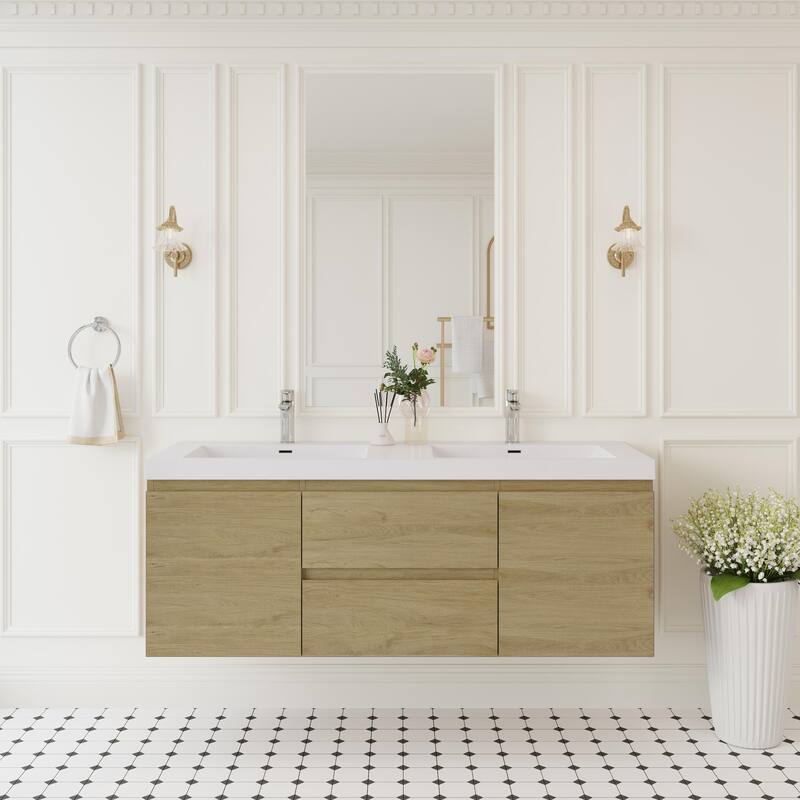 Modern Wall-Mounted Bathroom Vanity with White Solid Surface Top - 59.06'' x 19.69'' x 22.44'' - Oak and White