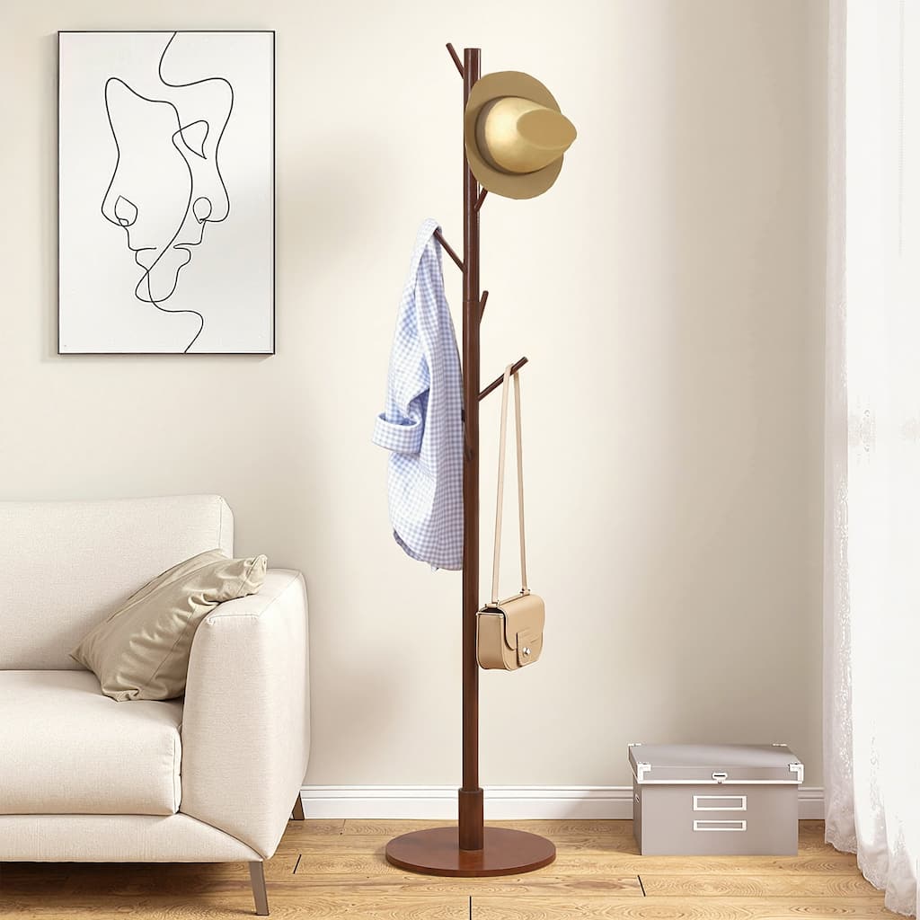 VECELO Brown Height Adjustable Bamboo Tree Coat Rack with 8 Hooks Round Base Freestanding Clothing Rack for Small Spaces
