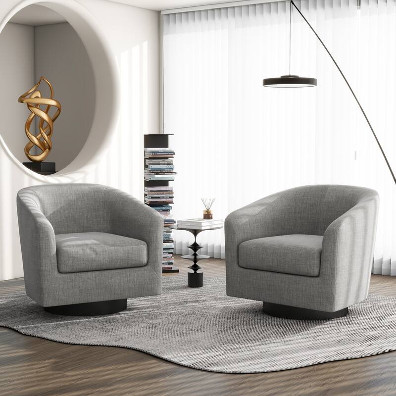 Modern Round Swivel Accent Chair Set of 2 Barrel Chair for Living Room - linen - Light Grey/Linen