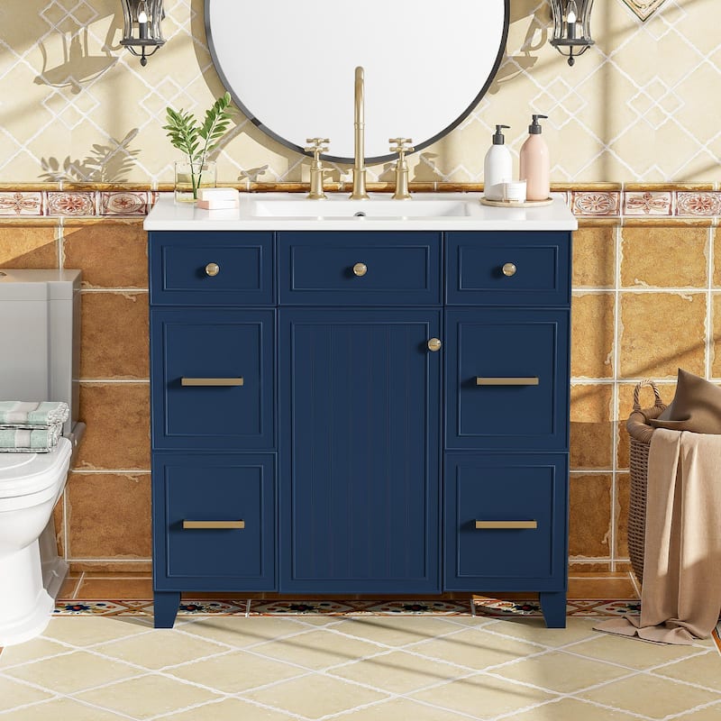 36" Wood Vanity with Ceramic Sink, Soft-Close Doors, Shelves, and Deep Drawers for Storage. - Blue