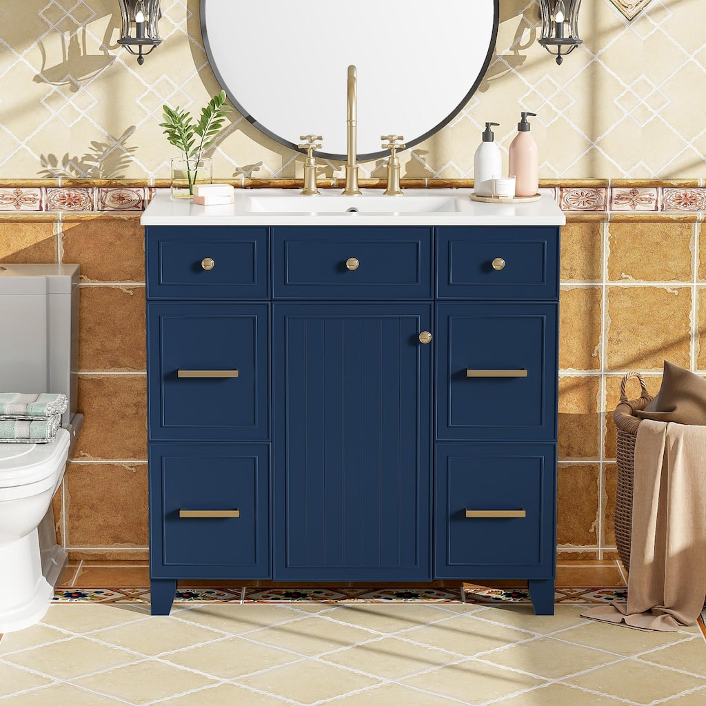 Roomfitters 36" Bathroom Vanity with Ceramic Sink, Solid Wood Frame, Soft Close Doors and 3 Drawers