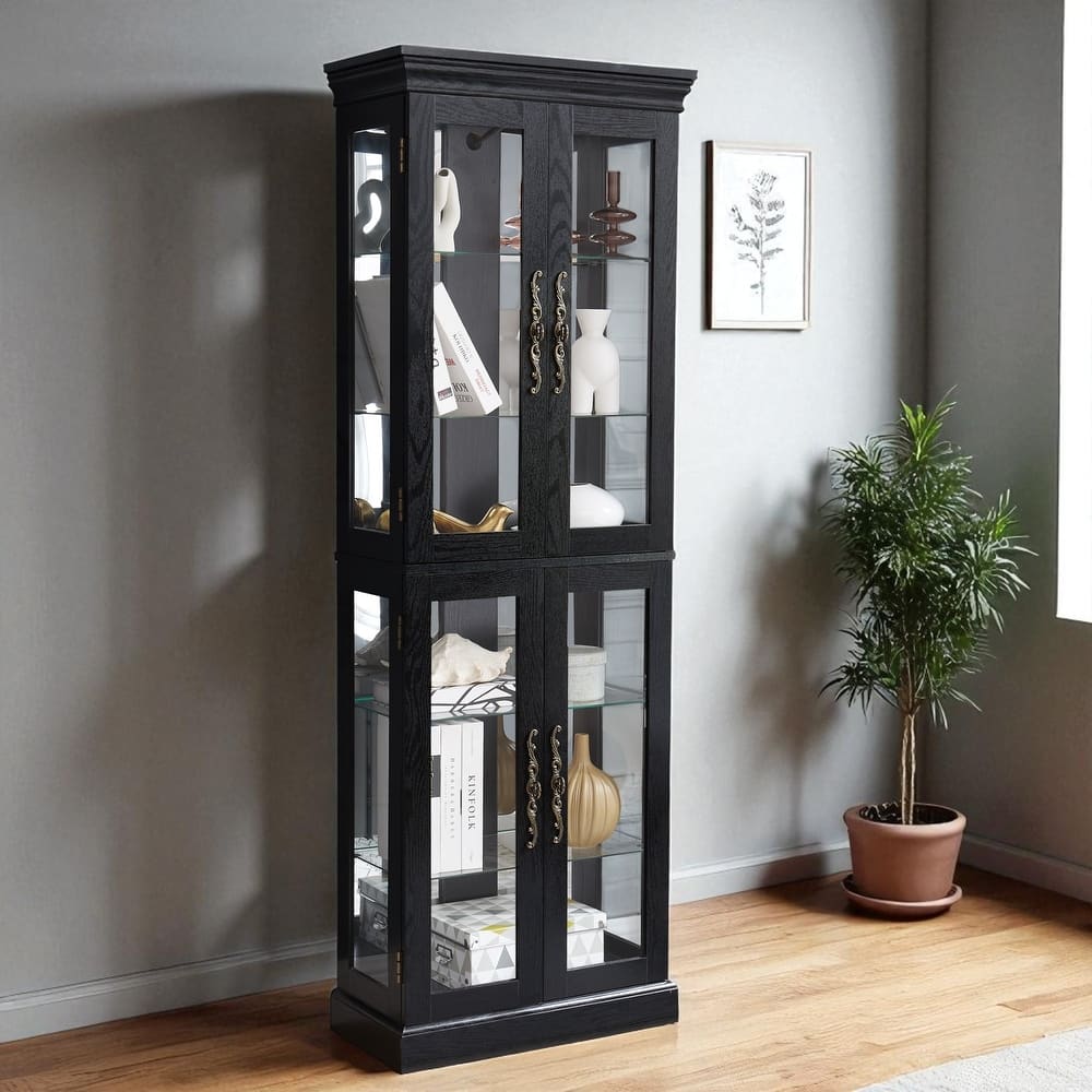 Elegant Lighted Glass Curio Display Cabinet with Wooden Frame, Adjustable Shelves and Six-Tier Storage for Wine, Toys