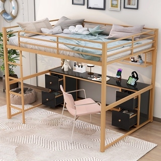 Loft Bed with Desk, Drawers and Bedside Tray, Charging Station, USB and socket, Full Size, Gold