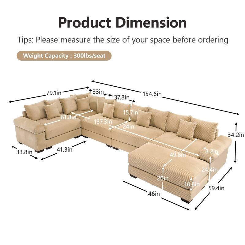 GDFStudio - Corduroy 5-Seater 154.6" Cloud Modular Sectional Couch with Ottoman