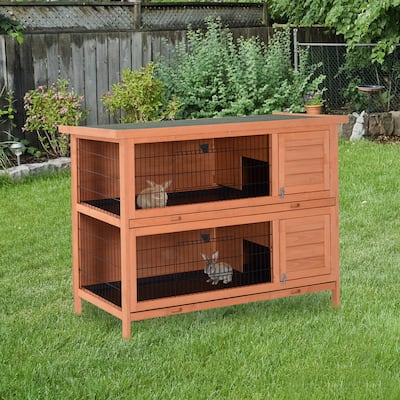 Orange Fir Wood Hutch with Metal Wire, Roof and Removable Trays - 53.75" L x 19.75" W x 36.5" H
