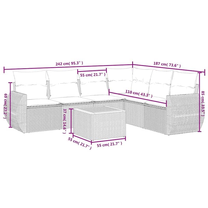 vidaXL 7 Piece Patio Sofa Set with Cushions Black Poly Rattan - 24.4 x 24.4 x 27.2
